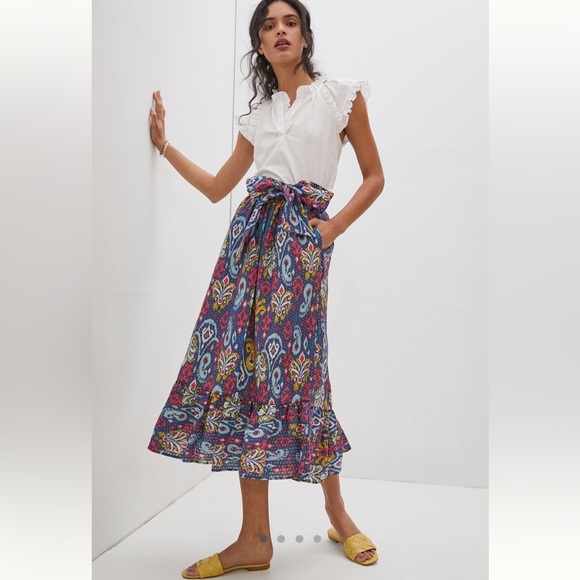 Anthropologie Edith Midi Skirt Blue Red Yellow Paisley Print Women’s Large - Picture 2 of 14